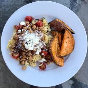 Greek Chickpea Salad with Orzo and Roasted Sweet Potatoes